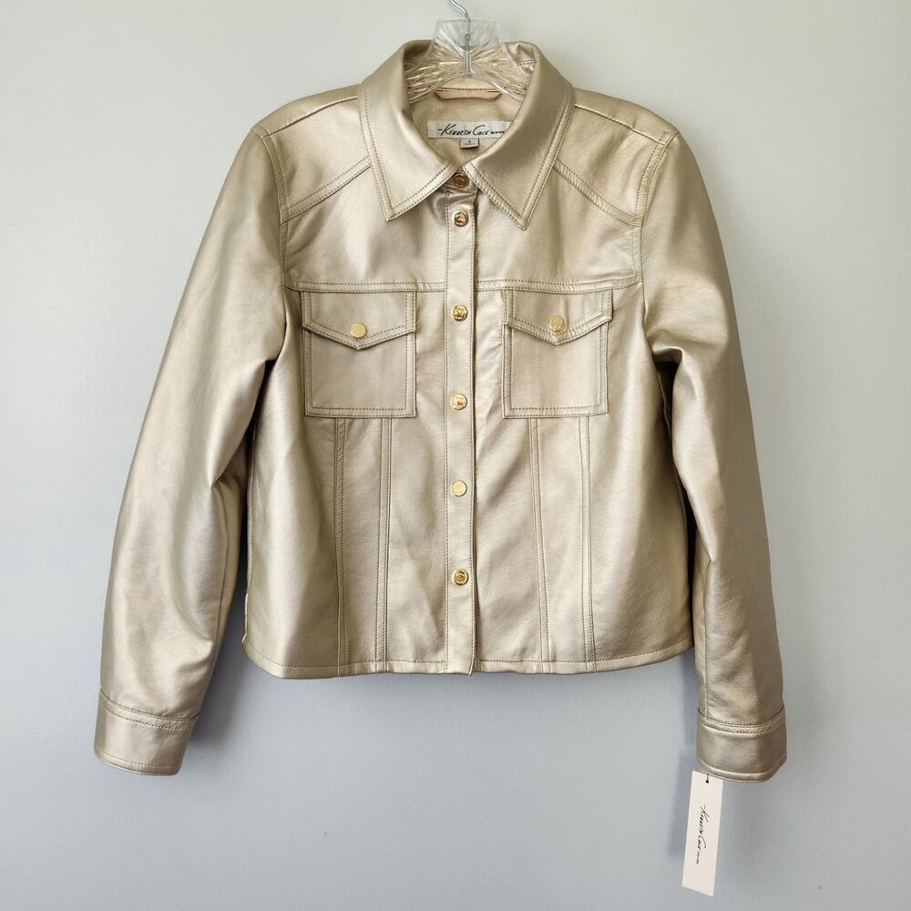 Kenneth Cole Moto Jacket Women S Gold Metallic Faux Leather Futuristic Streetwea